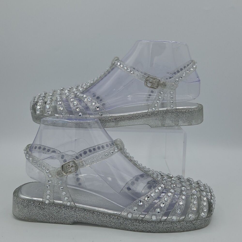 Jeffrey Campbell Margot Embellished Jelly Fisherman Sandals Sparkly Silver 8 39